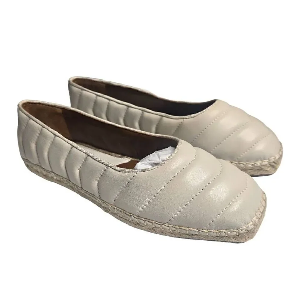 Franco Sarto Kiya Leather Quilted Square Toe Espadrilles Loafer Cream Sz 8.5